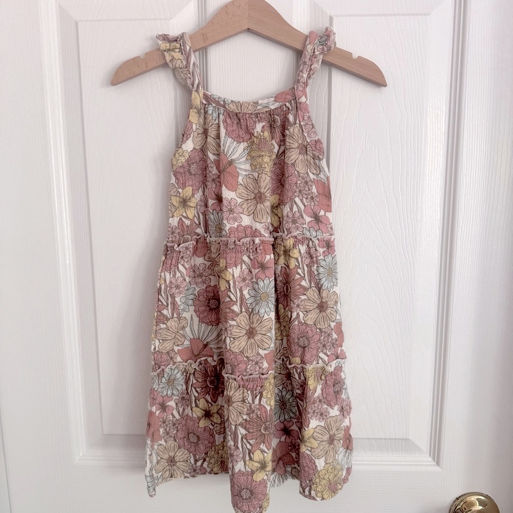 Organic Rabbit and Bear floral Kids Dress in Pink and Yellow